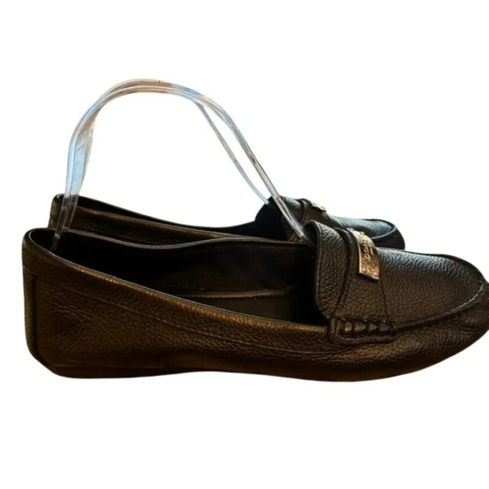 Coach Loafers Womens 8.5B Black Excellent Pebbled Leather Silver Logo Flats